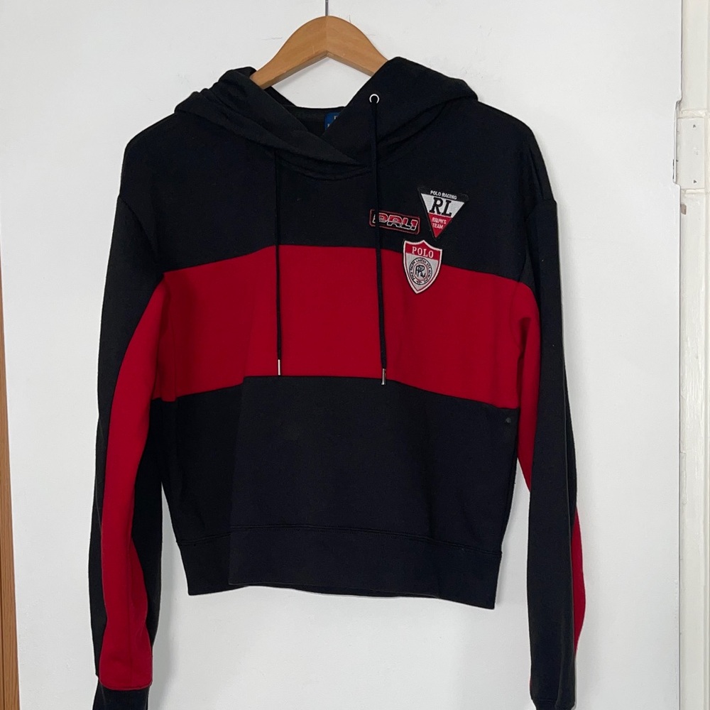 Polo Ralph Lauren Women's Black and Red Crop Hoodie large